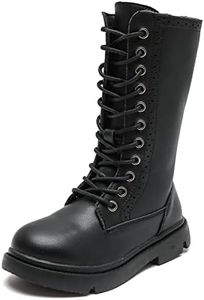 DADAWEN Boys Girls Leather Lace-Up Waterproof Side Zipper Mid Calf Combat Riding Winter Boots (Toddler/Little Kid/Big Kid) Black US Size 11 M Little Kid