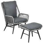 Outsunny 2 Pieces PE Rattan Garden Leisure Chair Set with Adjustable Backrest, Outdoor Reclining Patio Chair and Footrest with Cushion, Light Grey