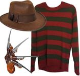 Mega_JumbleSale® Adult Freddy Krueger Red & Green Stripes Jumper + Hat + Claw Glove Set | Men Nightmare On ELM Street Halloween Horror Cosplay Costume Fancy Dress Outfits (XL)