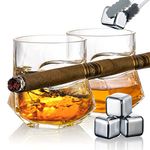 YouYah Cigar Whiskey Glasses with Cigar Holder-Set of 2,Cigar Accessories,Crystal Glass with 4 Ice Cubes,Tong & Indented Cigar Rest,Rocks Glass,for Brandy,Cocktail,Vodka,Gifts for Men