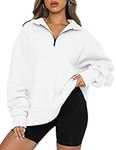 Famulily Womens Winter Half Zip Sweatshirt Oversized White Long Sleeves Sweater Drop Shoulder Quarter Zipper Lapel Collar Pullover Jumper Top White M