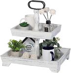 Eufrozy Farmhouse Tiered Tray Stand Wood, Rustic Tiered Tray Decor Holder 2 Tiered Decorative Wooden Serving Tray Rectangular with Metal Handle for Kitchen Table Decor Housewarming Gifts White