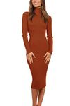 MEROKEETY Women's Ribbed Long Sleeve Sweater Dress High Neck Slim Fit Knitted Midi Dress, Caramel, S