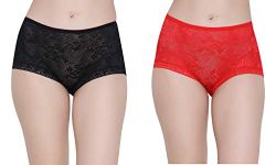 GLAMORAS Womens Cotton Lace Net Material Low Rise Floral Design Panty with Lace Trim, Size-Medium, Black Red (Pack of 2)