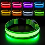 PcEoTllar Light Up Dog Collar Rechargeable, Lighted Dog Collar for Night, Flashing LED Dog Collar Adjustable for Small Medium Large Dog, Waterproof 7 Colors Glowing Dog Collar, Green(8 Modes)-M