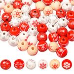 MFUOE 60 Pieces Snowflake Beads 16mm Christmas Wooden Beads with 30 Feet Twine for Crafts Ornaments Jewelry Making Red