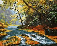 YEESAM ART DIY Paint by Numbers for Adults Beginner Kids, Forest Trees Stream, Autumn Scenery 16x20 inch Linen Canvas Acrylic Stress Less Number Painting Gifts