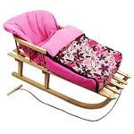 "Rawstyle "Combo package* wooden sledge with backrest & pull rope + universal winter footmuff (90cm) FLEECE, also suitable for baby car seat, stroller, buggy (pink + pink flowers)