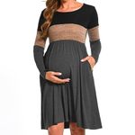Bearsland Women’s Long Sleeve Maternity Dress Patchwork Pregnancy Dress with Pocket, Brown, M
