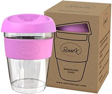 StevieK Cup - Reusable Coffee Cup, Glass Mug with Lid - Toughened Glass Coffee Cup, Travel Mug (8oz,12oz,16oz Turquoise, Pink, Purple, Black)