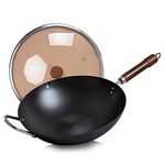 WANGYUANJI Carbon Steel Wok Pan, 13.4" Woks & Stir-Fry Pans with Glass Lid No Chemical Coated Flat Bottom Iron Wok for Induction, Electric, Gas, Halogen All Stoves-Practical Gift