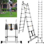 Aluminium Telescopic Ladder 5 Metre with Stabilizer, 2.5M+2.5M A-Frame Extension Ladder, Multi-Purpose Ladders Extendable Loft Ladder Portable Folding Ladder, 16 Steps Roof Ladder, Max Load 330lbs