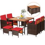 RELAX4LIFE 9-Piece Outdoor Dining Set - Patio Wicker Furniture Set w/Acacia Wood Tabletop, Soft Seat & Back Cushions, Dining Table & Chair Set for Backyard, Poolside (Red)