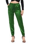 Allegra K High Waisted Pants for Women's Casual Drawstring Ankle Length Satin Joggers, Green, X-Small