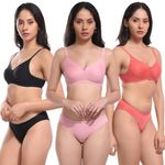 REALSIDE Cotton Balconette Non Padded Bra Panty Set Women Everyday Lingerie Set| Push up Bra Panty Set|Panty Bra Set for Women Pack of 3 (34, Black Peach Gajri)