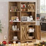 YITAHOME 67" Farmhouse Kitchen Pantry Storage Cabinet w/Sliding Barn Door ＆ Power Outlet, Freestanding Hutch with Shelves & Drawers, Microwave Stand, Large Kitchen Cupboard for Dining Room, Oak