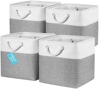 OrganiHaus 12x12 Cube Storage Bins Set of 4, Fabric Cube Baskets for Storage Shelves, Foldable Storage Cubes for Kallax Organizer Cube Bins w Rope Handles, Cubby Bins for Nursery Decor, Grey/White