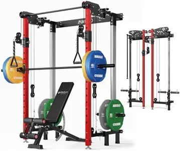 Mikolo Folding Squat Rack, Wall Mounted Power Rack with Cable Crossover Machine & LAT Pull Down, Functional Trainer with 5 Adjustable Function Modes, Upgraded Home Gym Package(Red)