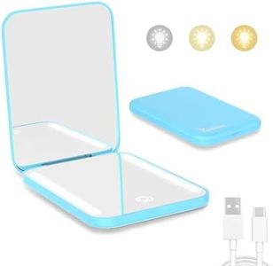 Kintion Rechargeable Pocket Mirror, Double Sided 1X/3X Magnification Compact Vanity Mirror, 3 Color Lights, Dimmable, Small Portable Wallet Mirror, Lighted Travel Mirror for Women Gifts, Blue