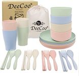 DeeCoo Wheat Straw Dinnerware Sets of 4 (24pcs), Unbreakable and Lightweight Serving Bowls, Cups, Plates, Chopsticks, Forks, Spoons Set, Microwave & Dishwasher Safe Dish Bowl for Kids or Picnics