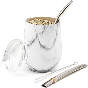 BALIBETOV Modern Mate Cup And Bombilla Set (Yerba Mate Cup) -Yerba Mate Set includes Double Walled 18/8 Stainless Steel Mate Tea Cup, Two Bombilla Mate (Straw) and a Cleaning Brush (Marble, 12)