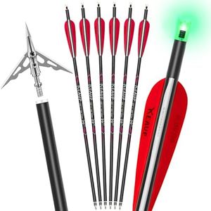 KEAUP 20 inch Carbon Crossbow Bolts with Crossbow Broadheads and Lighted Nocks, 6 Pack Hunting Carbon Crossbow Arrows for Archery Practice and Hunting (Red)