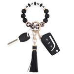 BAOSIWA Silicone Beaded Bracelet Keychain Wristlet Key Ring Bangle Chains for Women with Leather Tassel, Nana-leopard and Black, One Size