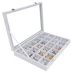 BELLE VOUS Velvet Jewellery Box - Earring Storage Organiser with 24 Grids & Clear Glass Lid - Grey Jewellery Storage Display Case for Rings, Earrings, Charms, Pendants