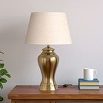 Divine Trends Brass Antique Finish LED Table Lamp Off White 14 Inches Lamp Shade For Living Room, Bedroom, Bedside Stylish, Home Decoration, Hotel Pack Of 1