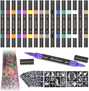 Temporary Tattoo Markers for Skin | Dual-End 16-Count Body Markers + 77 Large Tattoo Stencils | Temporary tattoos for Adults and Kids | Flexible Brush Tip, Bright colors, Skin-Safe*, Cosmetic-Grade