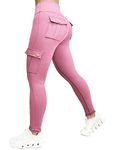 Nuofengkudu Gym Cargo Leggings with Pockets Women High Waisted Tummy Control Running Sports Trousers Push up Butt Lifting Stretch Soft Jogging Bottoms Fitness Workout Pants Streetwear Y-Pink M