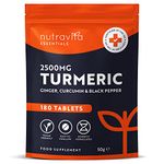 Nutravita Turmeric Tablets 2500mg with Black Pepper & Ginger - 180 High Strength Tumeric Cucumin Supplements (3 Month Supply) - Vegan - Alternative to Capsules - Letterbox Friendly - UK Made