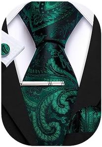 Barry.Wang Men's Ties Solid Silk Necktie Pocket Square Cufflinks Clip 4PC Wedding Formal Classic Ties Sets Gifts for Men, Dark Green Paisley, One Size