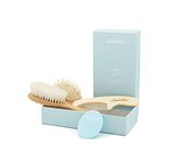 Ullabelle 4 Piece Wooden Baby Hair Brush and Comb Set for Newborns & Toddlers in Chic Gift Box - Ultra Soft Natural Goat Hair and Wood Baby Brush Set Prevents Cradle Cap - Perfect Registry Gift (Blue)