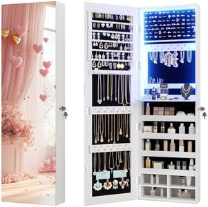 Vlsrka 47.2" LED Jewelry Mirror Cabinet, Wall/Door Mounted Jewelry Armoire Organizer with Full-Length Mirror, Large Capacity Storage Hanging Cabinet, 4 Drawers, 5 Shelves, Built-in Lighted Mirror