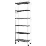 Homdox 6-Tier Storage Shelf Wire Shelving Unit Free Standing Rack Organization with Caster Wheels, Stainless Side Hooks, Black