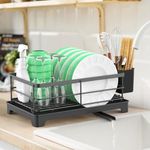 RAINBEAN Dish Drying Rack for Kitchen Counter - Stainless Steel Kitchen Drying Rack with a Cutlery Holder, 9.8''W x 15.7''L, Black