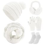 Voqeen 5 Pack Womens Beanie Scarf Gloves Set Winter Knitted Scarf Beanie Pompom Hat Earmuffs Fleece Socks(White)