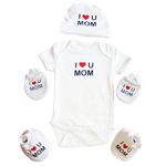 MammChamp Half Sleeves Romper/Bodysuit/Onesie for Infant/Newborn I LOVE MOM (Organic Cotton,0-3 Months) (MOM Romper Cap Mittens Booties Set)