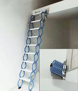 INTSUPERMAI Attic Ladder Loft Stairs 12 Loft Steps Ladder Folding Stairs Foldable Attic Stairs Pull Down with Aluminum Alloy Scissor Stair Structure No handrail 10 ft Height Blue