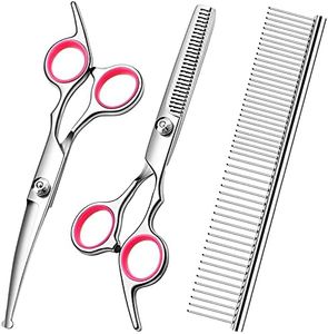 FAIGEO Dog Grooming Scissors with Safety Round Tips Stainless Steel Professional Dog Grooming Kit - Thinning, Curved Scissors and Comb for Dog Cat Pet (Pink 4 in 1)