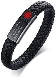 VNOX Custom Engraving Medical Alert Emergency Jewelry-Black Braided Leather Medical Symbol Caduceus with Stainless Steel Cuff Wristband Bracelet,8.2"