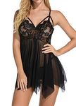 marysgift Babydoll Lingerie Set with G-String Naughty Lace Nightwear Sheer Sleepwear Pyjamas Dress Mini Skirt Black XL UK 12 14 (D2201)