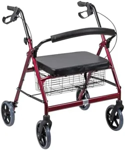 DMI Extra-Wide Heavy Duty Steel Bariatric Mobility Rollator Walker with Seat and Basket, Burgundy, Folding