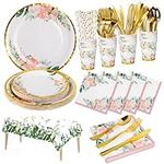 Nkaiso Floral Party Tableware Set, Kids Birthday Party Supplies 161 pcs Paper Plates and Napkins Cups, Baby Shower Plates and Napkins Party Dinnerware for Engagement Wedding Baby Shower -20 Guests