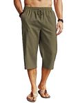 COOFANDY Men's Linen Capri Pants Casual Lightweight 3/4 Baggy Pants Drawstring Elastic Waist Beach Yoga Pants with Pockets, Army Green, Large