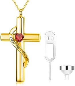 SOULMEET Custom 10k 14k 18k Gold Cross Necklace for Ashes, Birthstone July Cross Urn Necklace for Ashes Keepsake Cremation Jewelry for Pet Human Ashes