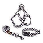 Dog Harness Collar Leash Set - No Pull Pet Adjustable Back Clip Halter Basic Collar Heavy Duty 5FT Anti-Twist Leash for Extra Small Puppy Medium Large Breed Training Running (Checkered, S)