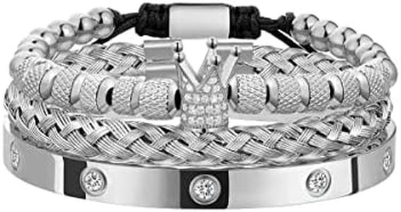 WFYOU 3PCS Stainless Steel Imperial Crown Bracelets for Men Gold Roman Numeral Bangle Bracelet Adjustable Cuff Bracelet Mens Luxury Jewelry Gifts (01:Silver-Cubic Zirconia)