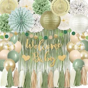 Sage Green Baby Shower Decorations, Welcome Baby Gender Neutral Baby Shower Decor, with Tissue Pom Poms, Balloons, Tassel Garland, Paper Lanterns for Gender Reveal Birthday Party Decorations